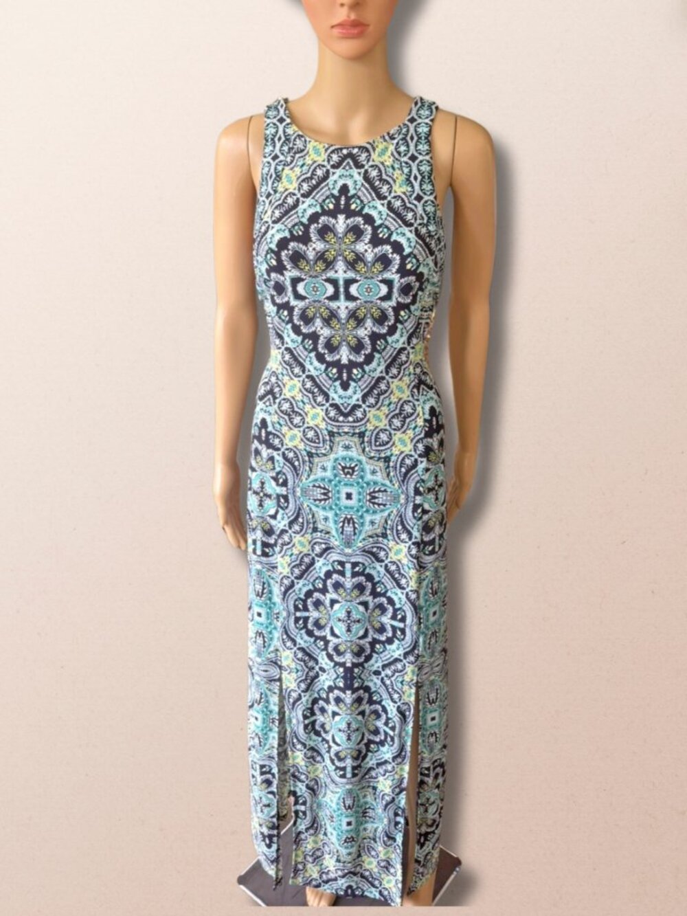 NEW London Times Plus 16W Bohemian Scroll Blue Yellow Teal Summer Maxi Dress